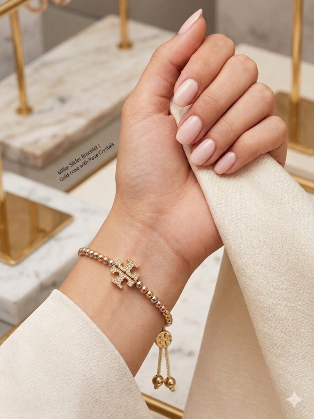 Tory Burch Miller Beaded Slider Bracelet Gold Tone Crystal Pave Logo Charm